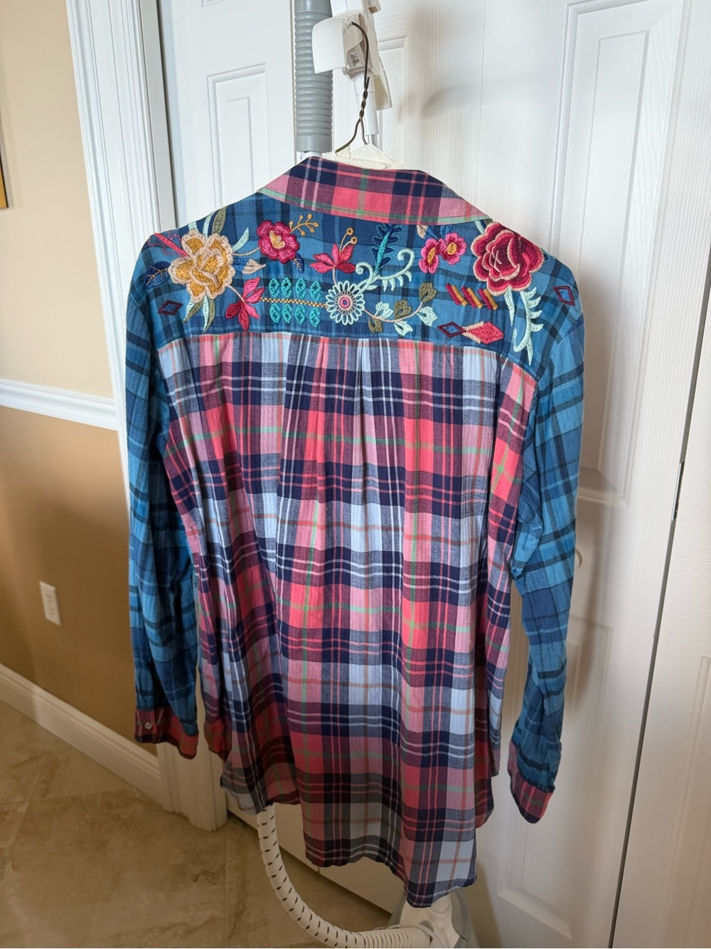 Johnny Was Plaid Jean Jacket with Floral Embroidery in Pink & Blue